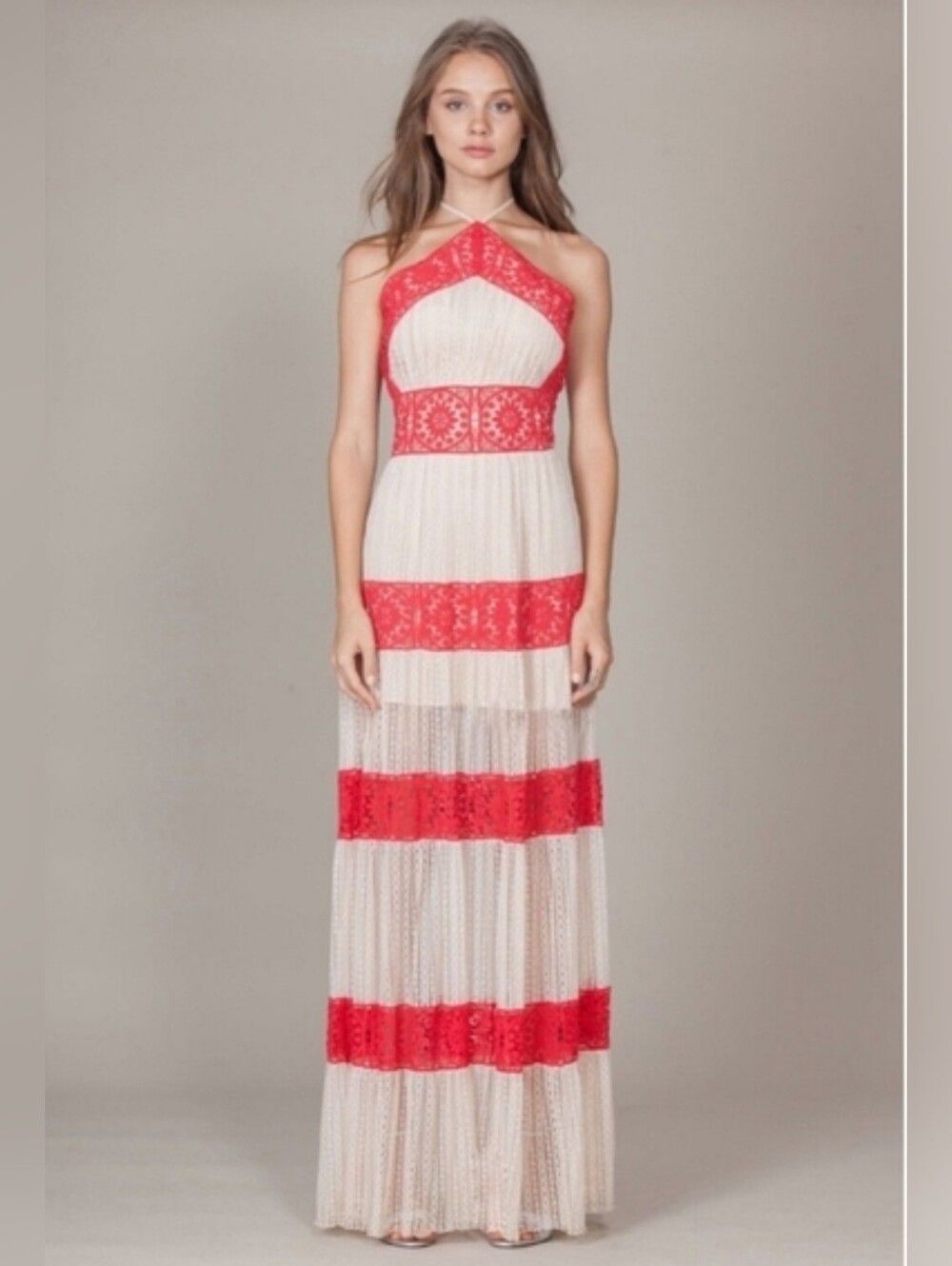 Foxiedox Ophelia Red Crochet Lace Colourblock Halter Maxi Dress Large Boho